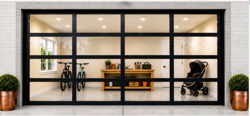 ClearVue handcrafted glass garage door looking into a Nashville workshop